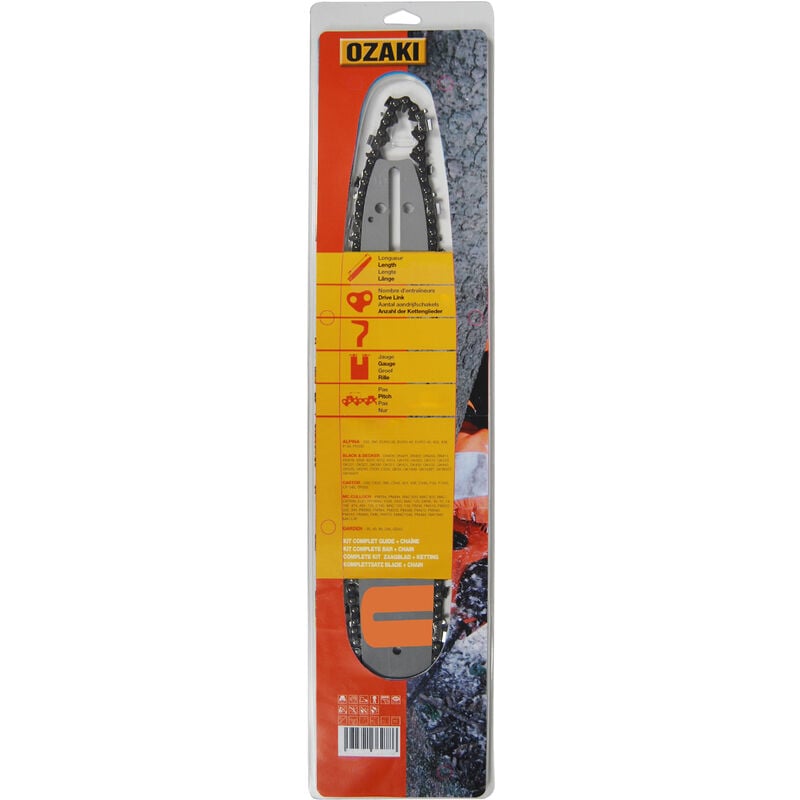 Guide OZAKI 50 cm montage X + Chaîne 3/8' .063 (1.6mm) 72 entraîneurs ( E72 ). Remplace guides et chaînes pour origine OREGON 203SLHD025. Livré sous