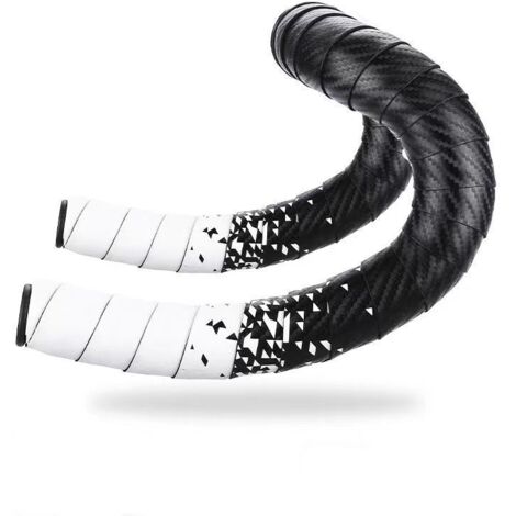 Guidon de vélo de route avec texture fibre de carbone, blanc et noir, sangles et sangles d'enroulement pour vélo de route pliant.