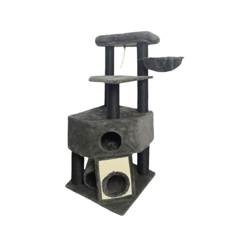 Guily Arbre a chat stable - Idéal chats taille moyens - 50 x 50 x 141 cm - Gris foncé - 2 plateformes, 1 perchoir, 1 cabane, 1