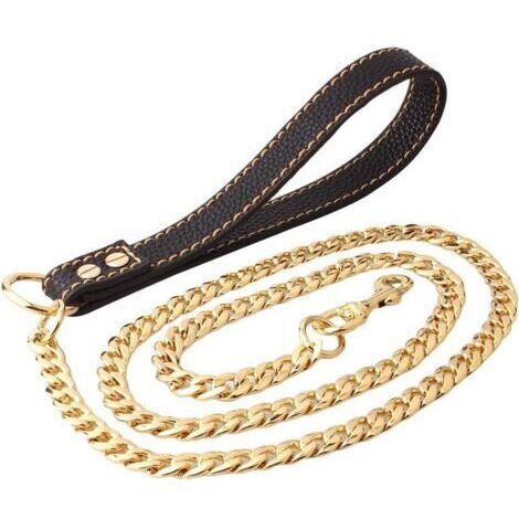 Guinzaglio robusto per cani, in acciaio inox, 12 mm, con impugnatura in pelle, color oro, 1,25 m