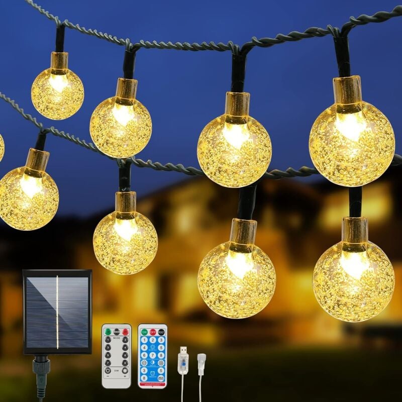 Guirlande 12M 100 led avec Télécommande, Solaire et Alimenté par usb Extérieure et Intérieure, 8 Modes Guirlande Lumineuse de Jardin étanche
