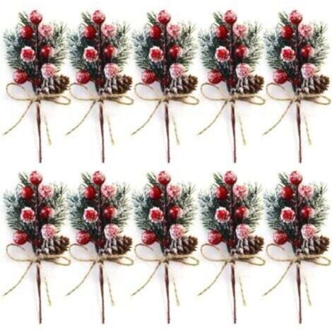 Guirlande Artificielle de Baies Rouges de Noël – Lot de 10 Tiges de 20 cm avec Houx, Pommes de Pin et Fleurs pour Couronnes