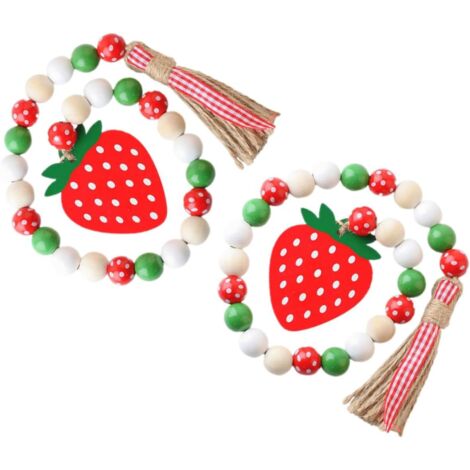 Guirlande de 2 perles rustiques en bois avec pompons fraise