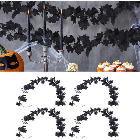 Guirlande de 4 feuilles d'érable d'automne, feuilles noires artificielles suspendues, décoration automnale pour la maison et les fêtes.