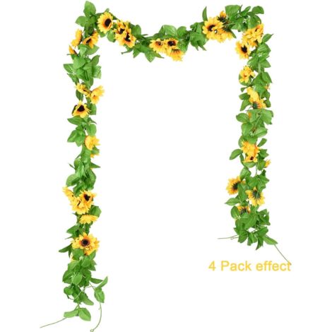 Guirlande de 4 tournesols artificiels, tige de tournesol en soie, fleurs artificielles avec feuilles vertes, décoration de table de mariage