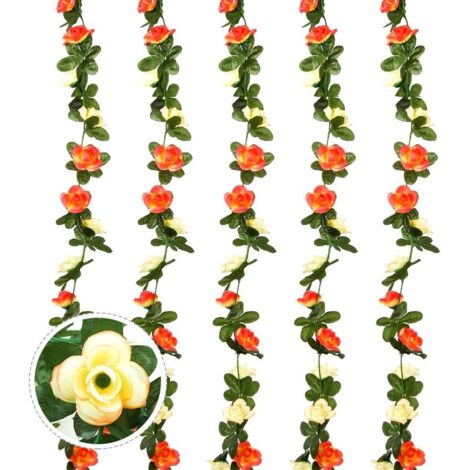 Guirlande de 5 roses artificielles de 2,7 m, fleurs de soie suspendues (Champagne)