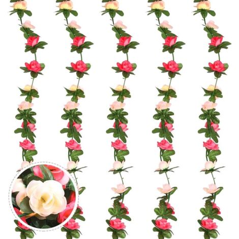Guirlande de 5 roses artificielles de 2,7 m, guirlande de fleurs artificielles en soie suspendues, avec feuilles de lierre vert (rose)