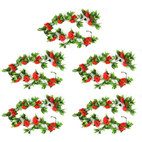 Guirlande de 5 roses artificielles en soie, idéale pour la décoration de la chambre ou du bureau.