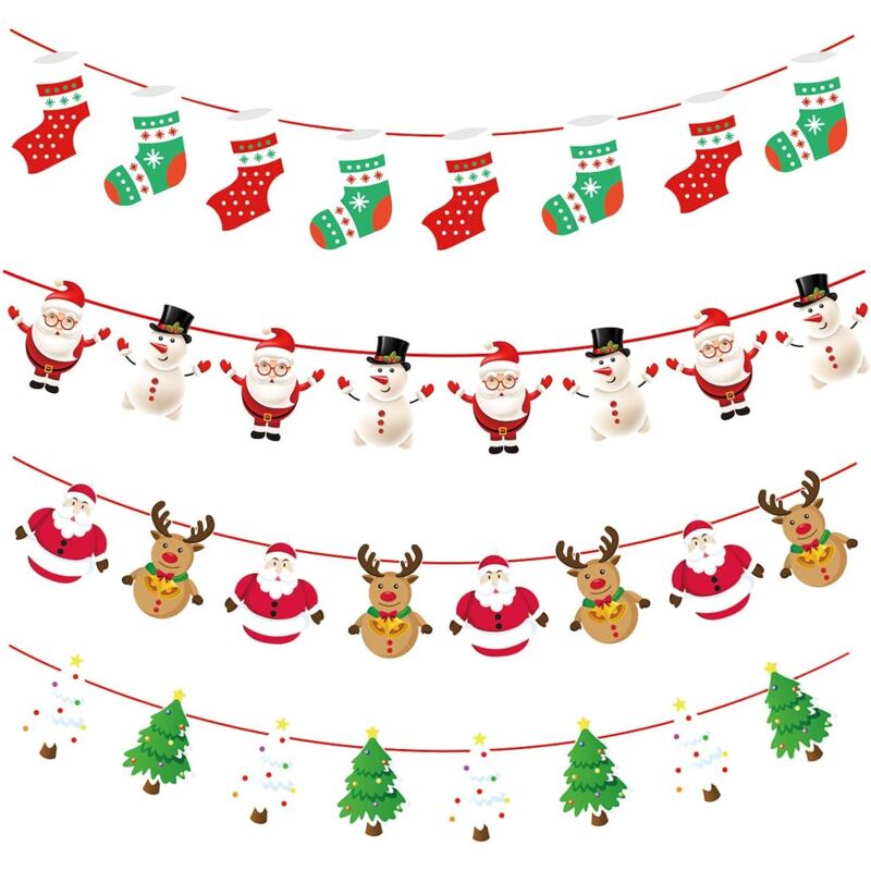 Guirlande de fanions à suspendre pour décorations de Noël, lot de 4 bannières en papier à suspendre pour décoration de fenêtre, cheminée, bureau
