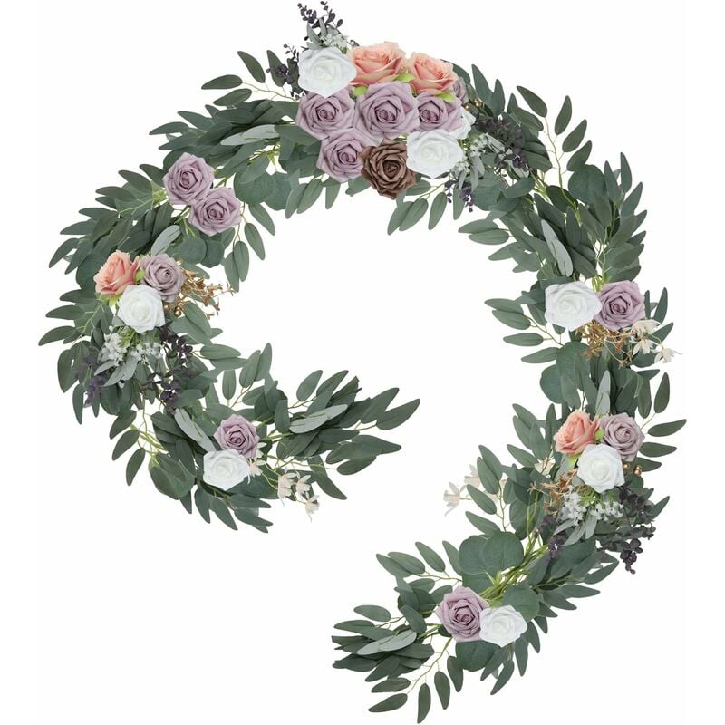 Guirlande de Fleurs Artificielles Décoration de Mariage: Roses Artificielles Déco de Table Eucalyptus Lierre Rose Séchées - Rosé/Gris/Blanc 180cm