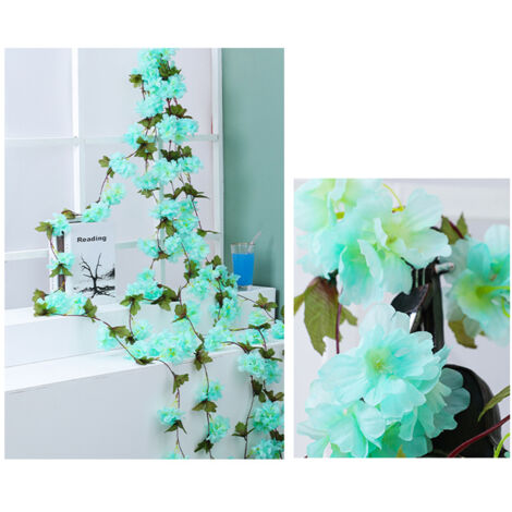 Guirlande de Fleurs de Cerisier Sakura Artificielle en Vin Bleu Clair pour Décoration de Chambre Bureau - Longueur 1.8m, 135 Fleurs, Matière Tissu Plastique