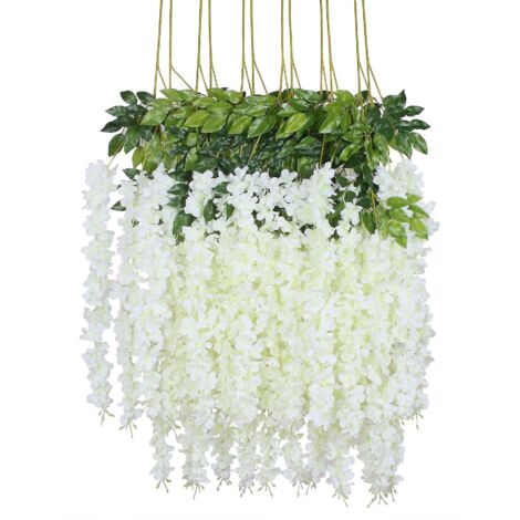 Guirlande de fleurs suspendues en glycine de soie artificielle (12 pièces, blanche)