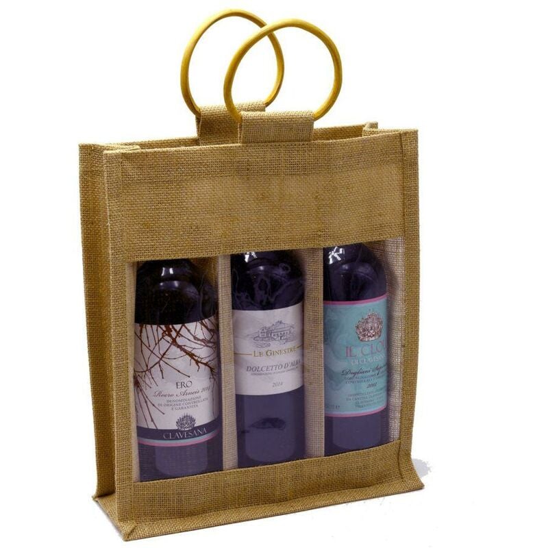 Webmarketpoint - Porte-bouteilles en jute avec poignées en rotin 3 places cm27x9h32