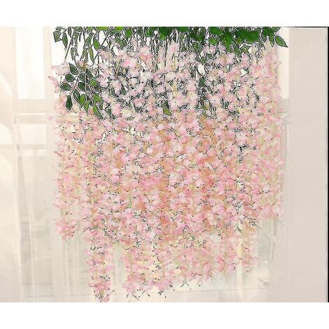 Guirlande de glycine artificielle en soie, fleurs suspendues, décoration pour la maison, les mariages et les fêtes (24 pièces, guirlande, blanc) - Rose clair