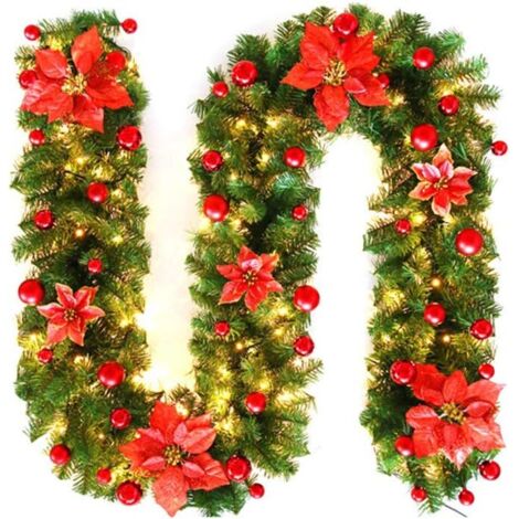 Guirlande de Noël, 2.7M Cheminées Escaliers Décorés Guirlandes LED Lumières Ornement Guirlande De Noël pour La Décoration (Rouge)-Fei Yu