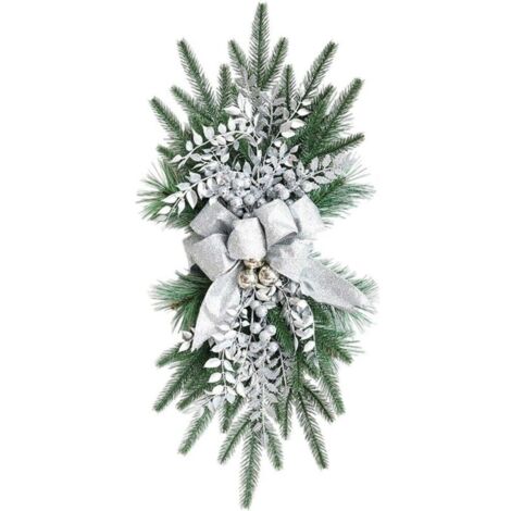 Guirlande de Noël artificielle 22'' en forme de larme avec grand nœud imprimé, boules de Noël, rose, neige, branches givrées, couronne d'escalier pour décoration intérieure C