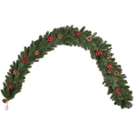 Guirlande de Noël de 1,9 m, guirlande de sapin avec pommes de pin et baies, guirlande artificielle verte pour l'intérieur et l'extérieur