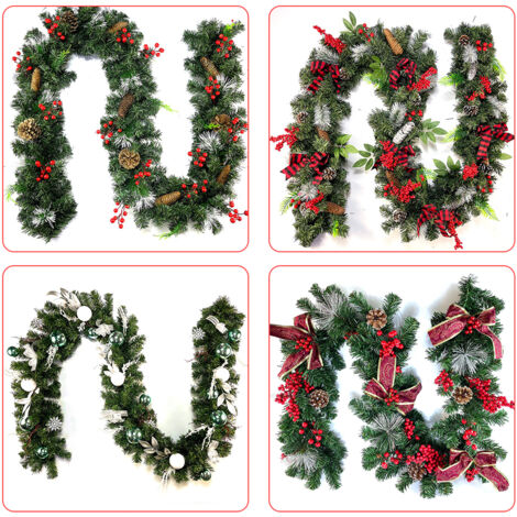 Guirlande de Noël de 9 pieds de long, guirlandes artificielles à suspendre en PVC flexible avec nœud papillon pour escaliers, rampe, cheminée, porche, porte, arbre, fournitures de fête de vacances.A