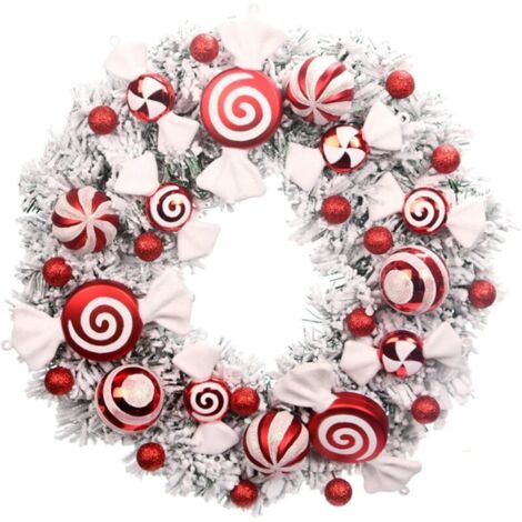 Guirlande de Noël, guirlande de Noël de 16 pouces pour porte d'entrée, décoration de guirlande de porte de Noël rouge blanc avec ornements de boule, bonbons, décoration de vacances pour cheminée décor