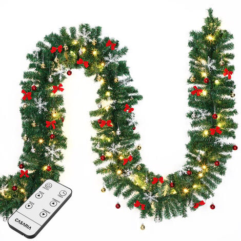 Guirlande de Noël lumineuse Décoration en sapin artificiel avec lumières blanc chaud pour porte fenêtre balustrade  5 m 80 LEDs décoré + télécommande