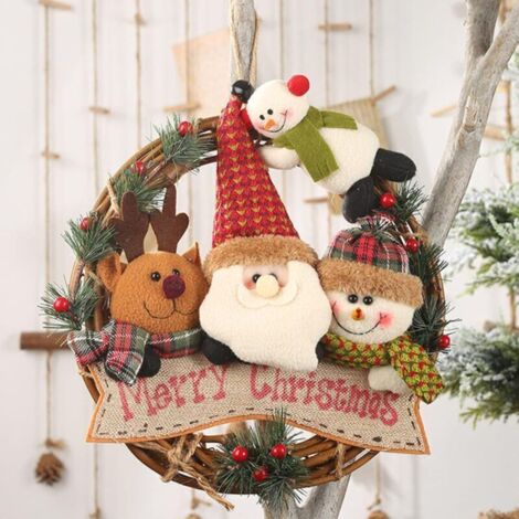 Guirlande de Noël pour porte – en rotin naturel avec fleurs artificielles et pendentifs bonhomme de neige & élan – 60 cm