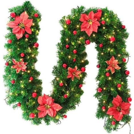 Guirlande de Noël - ZGEER - 270CM - Rotin Artificiel - Décoration Extérieure - Fleurs Incluses