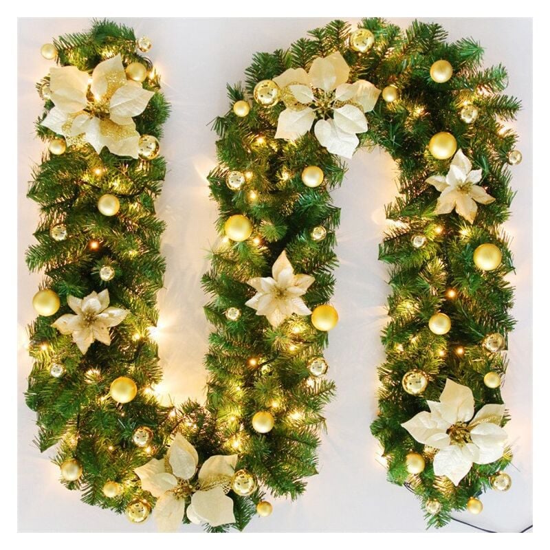Guirlande de Noël,Guirlande Sapin Noel Artificiel, 270 Cm Couronnes Et Guirlandes De Noël Avec Led Fleur Doré Et Boule Doré, Décoration Pour Chambre