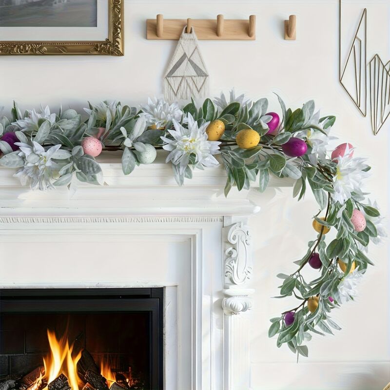Guirlande de Pâques 180cm – Décoration rustique avec œufs colorés et fleurs, pour cheminée, fenêtre, fête et mariage
