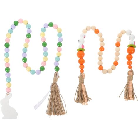 Guirlande de Pâques rustique en bois avec perles et pompon (lot de 2).