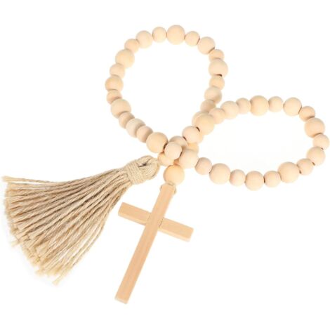 Guirlande de perles en bois avec pompons, style champêtre naturel, à suspendre