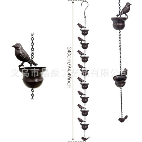 Guirlande de pluie extérieure de 2,4 m, motif 8 oiseaux - Décoration en fer forgé pour jardin, cour et terrasse - Drainage