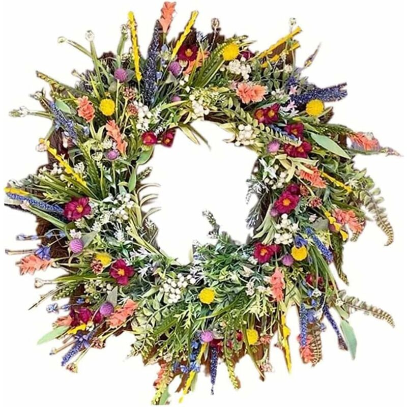 Guirlande de porte printemps été pour porte d'entrée, couronne de printemps de fleurs sauvages artif