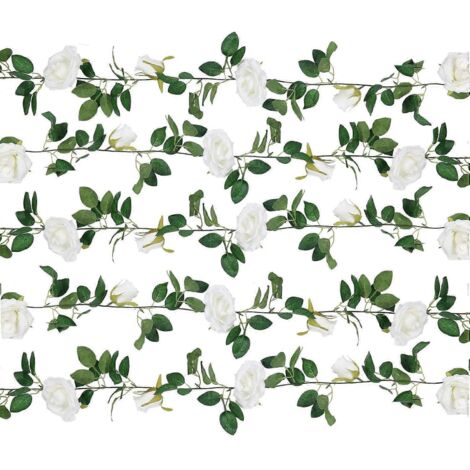 Guirlande de roses artificielles en soie, fleurs et paniers suspendus, plantes pour la décoration intérieure et extérieure de la maison, d'une arche de mariage, d'un jardin ou d'un mur (5 pièces, blan