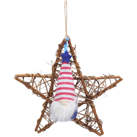 Guirlande Fête Nationale Américaine 4 Juillet - Décoration Murale Pendentif Étoile en Rotin avec Poupée Sans Visage