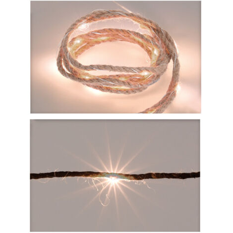 Guirlande Fixe A Piles 10 Leds Corde De Jute Lumière Blanche Chaude 1,10m