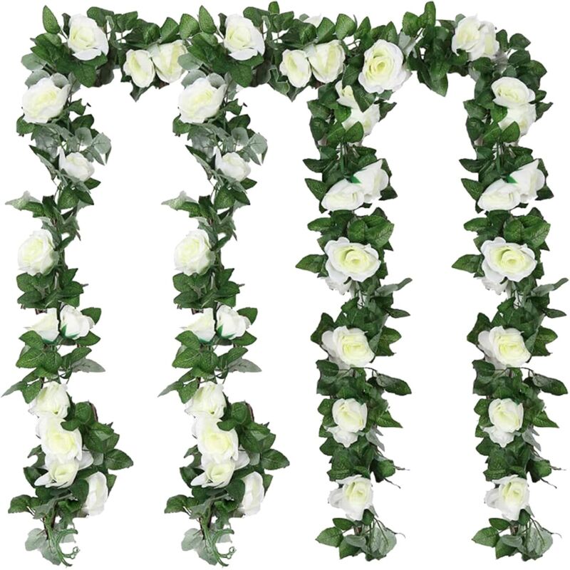 Guirlande Fleur Artificis Rose Vigne Decoration Mariage, 4 Pcs Soie Fleur Décoration Fausse Plante Suspendues Florale pour Fête Jardin Maison Arc