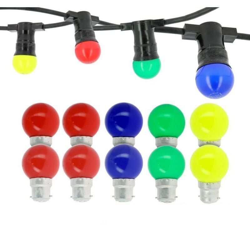 Guirlande guinguette Professionnelle 10 culots led B22 multicolores 10 mètres Interconnectable + 12 Ampoules Multicolores
