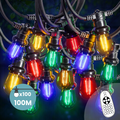 Guirlande Guinguette 100M 100 Bulbes Filament Rouge Bleu Jaune Vert Dimmables - Guirlande Lumineuse Ampoule E27 à Intensité Variable - Variateur de Luminosité+Télécommande