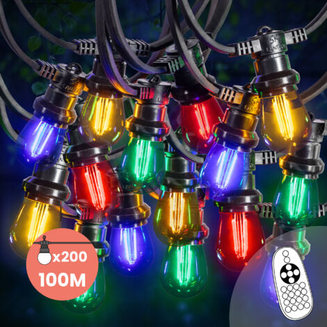 Guirlande Guinguette 100M 200 Bulbes Filament Rouge Bleu Jaune Vert  avec Variateur de Luminosité et Télécommande - Guirlande Lumineuse Ampoule E27 Multicolore