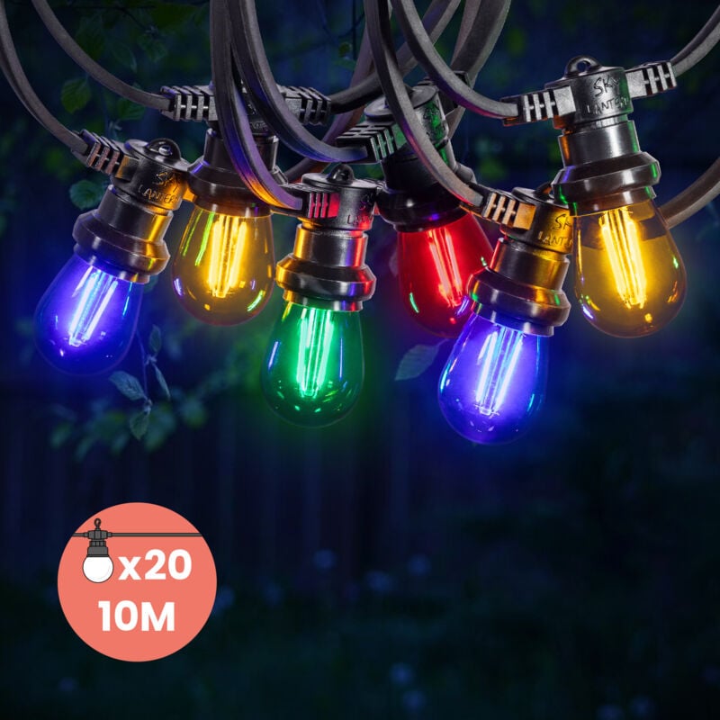 Guirlande Guinguette 10M 20 Bulbes Filament Rouge Bleu Jaune Vert - Guirlande Lumineuse Ampoule E27 Multicolore