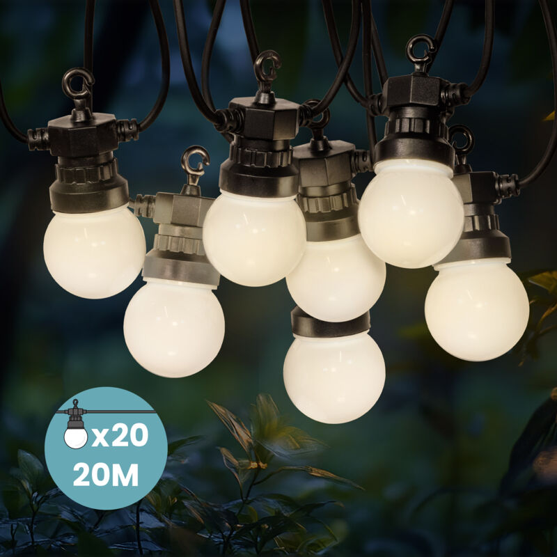 Guirlande Guinguette 20M Blanche - Guirlande Lumineuse Exterieure led Blanc Chaud 20 Bulbes - Guirlande Guinguette Exterieure de 20M + 3M de cable