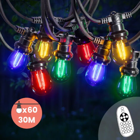 Guirlande Guinguette 30M 60 Bulbes Filament Rouge Bleu Jaune Vert avec Variateur de Luminosité et Télécommande - Guirlande Lumineuse Ampoule E27 à Intensité Variable - Guirlande Guinguette Led