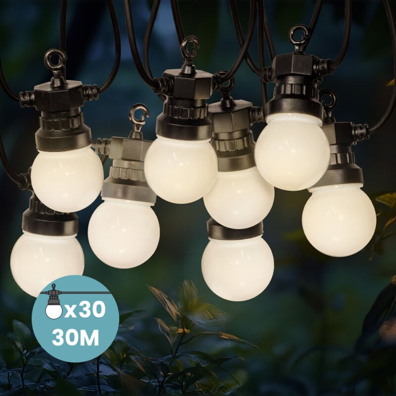 Guirlande Guinguette 30M Blanche - Guirlande Lumineuse Exterieure led 30 bulbes blanc - Guirlande Guinguette Exterieure de 30M + 3M de câble