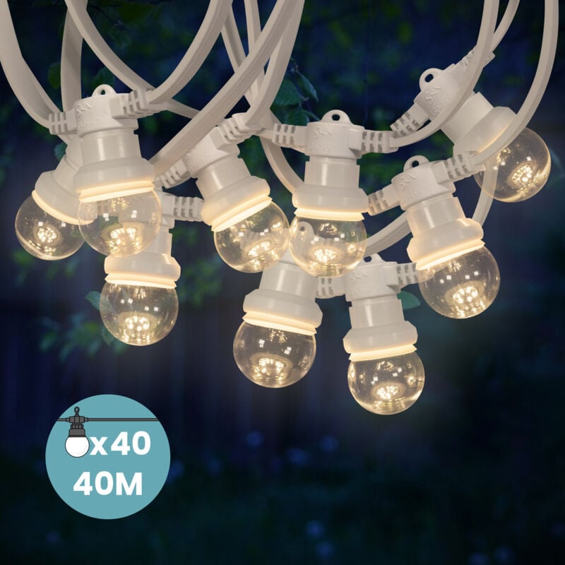 Guirlande Guinguette 40M Cable Blanc IP65 - Guirlande Electrique Exterieur 40 Bulbes Transparents - Guirlande Guinguette Exterieur Boheme Déco pour