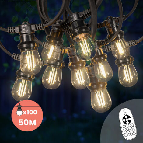 Guirlande Guinguette 50M 100 Bulbes Filament Blanc Chaud avec Variateur de Luminosité et Télécommande - Guirlande Lumineuse Ampoule E27 Transparente Dimmable - Guirlande Guinguette Led
