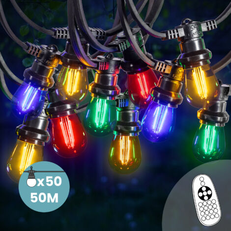 Guirlande Guinguette 50M 50 Bulbes Filament Rouge Bleu Jaune Vert avec Variateur de Luminosité et Télécommande - Guirlande Lumineuse Ampoule E27 à Intensité Variable