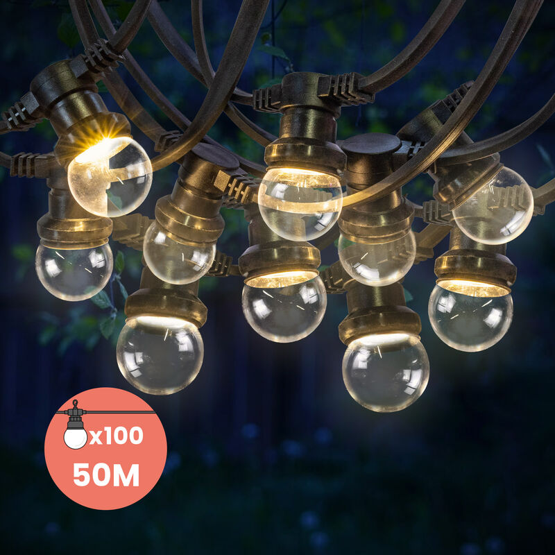 Guirlande Guinguette 50M Transparent IP65 - Guirlande Lumineuse Extérieur 100 Bulbes Dimmables - Guirlande Exterieure Etanche pour Décoration de