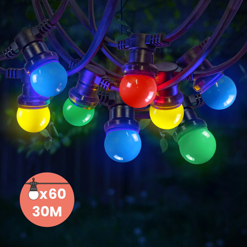 Skylantern – Guirlande lumineuse d'extérieur 30M 60 bulbes multicolores – IP65 étanche – Dimmable pour ambiance festive – Culot E27