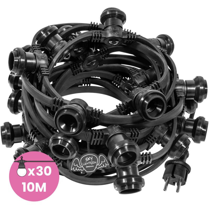Guirlande Guinguette Professionnelle IP65 10m Noire Raccordable - Guirlande Lumineuse pour ampoule E27 30 Douilles - Guirlande Guinguette Extérieure