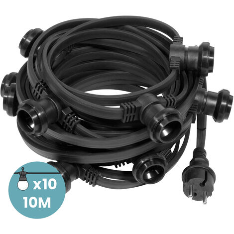Guirlande Guinguette Noire 10M Entièrement Etanche IP65 pour 10 Ampoules E27 (non fournies) - Guirlande Lumineuse Exterieure Raccordable jusqu'à 1000m - Normes CE - Garantie 2 ans - Noir